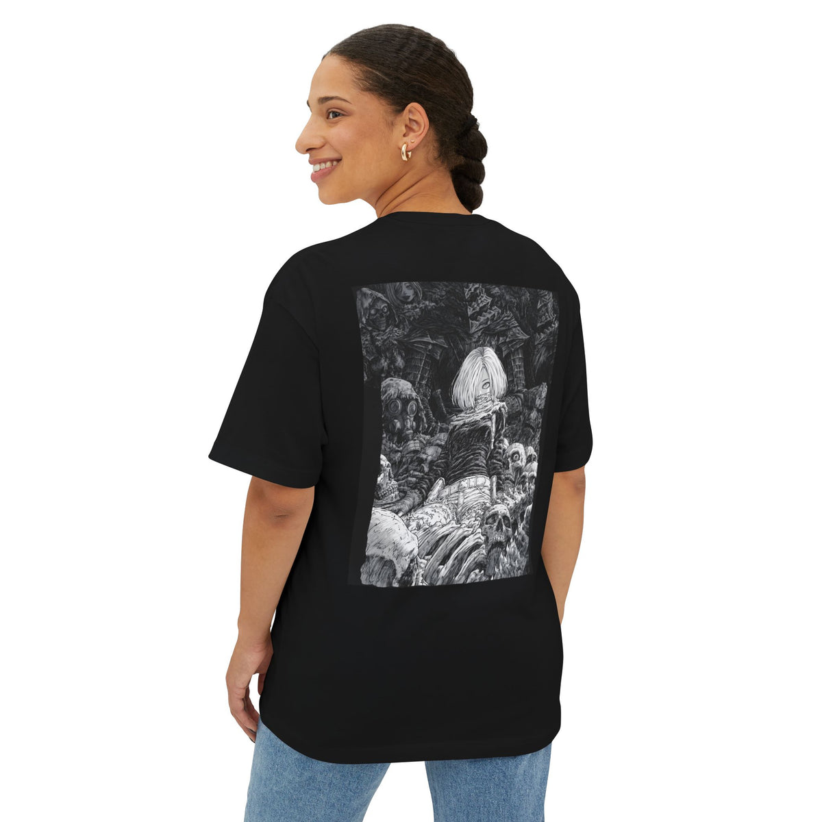 Samurai Emblem Boxy Tee — Minimal Chest Logo & Dark Magna Back Graphic