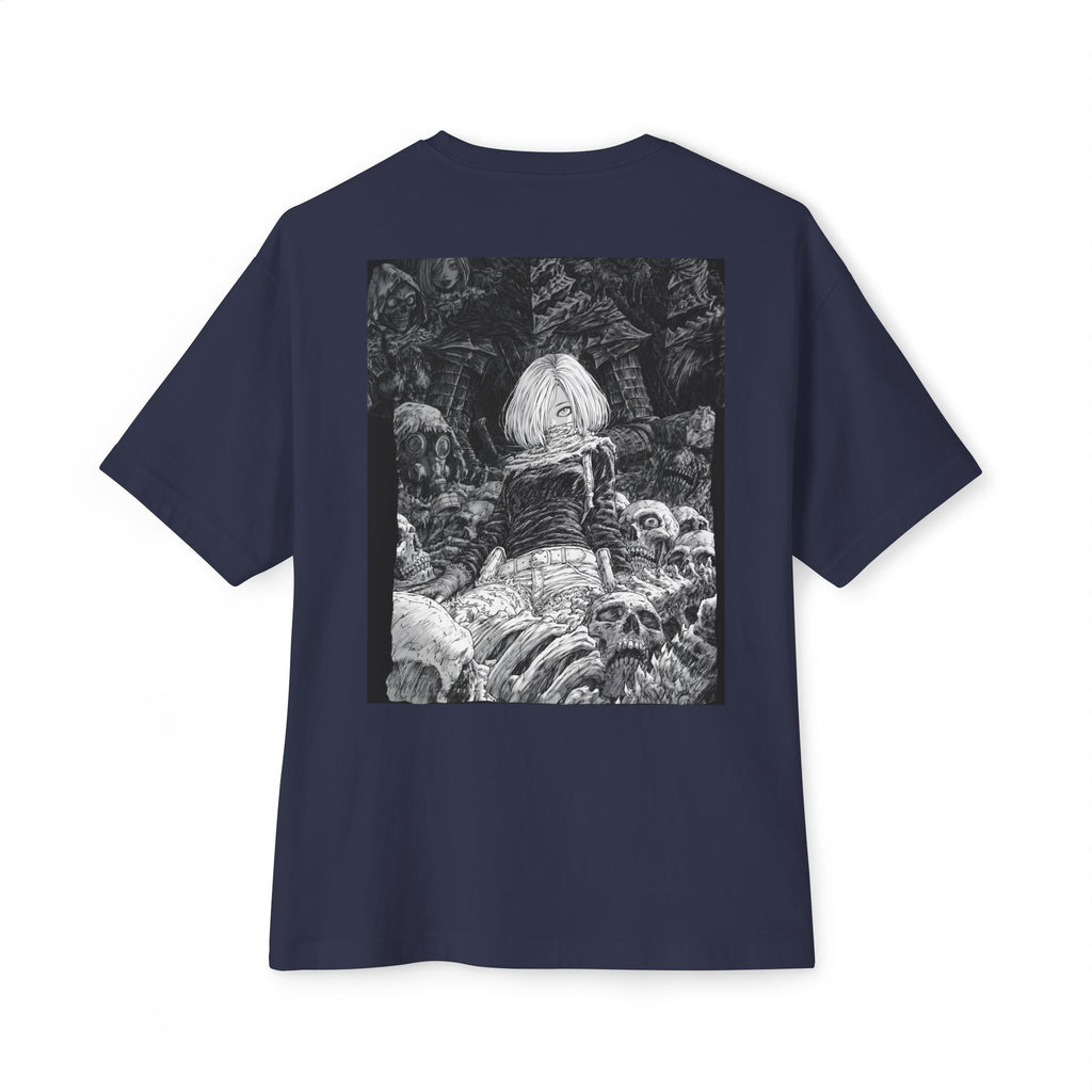 Samurai Emblem Boxy Tee — Minimal Chest Logo & Dark Magna Back Graphic