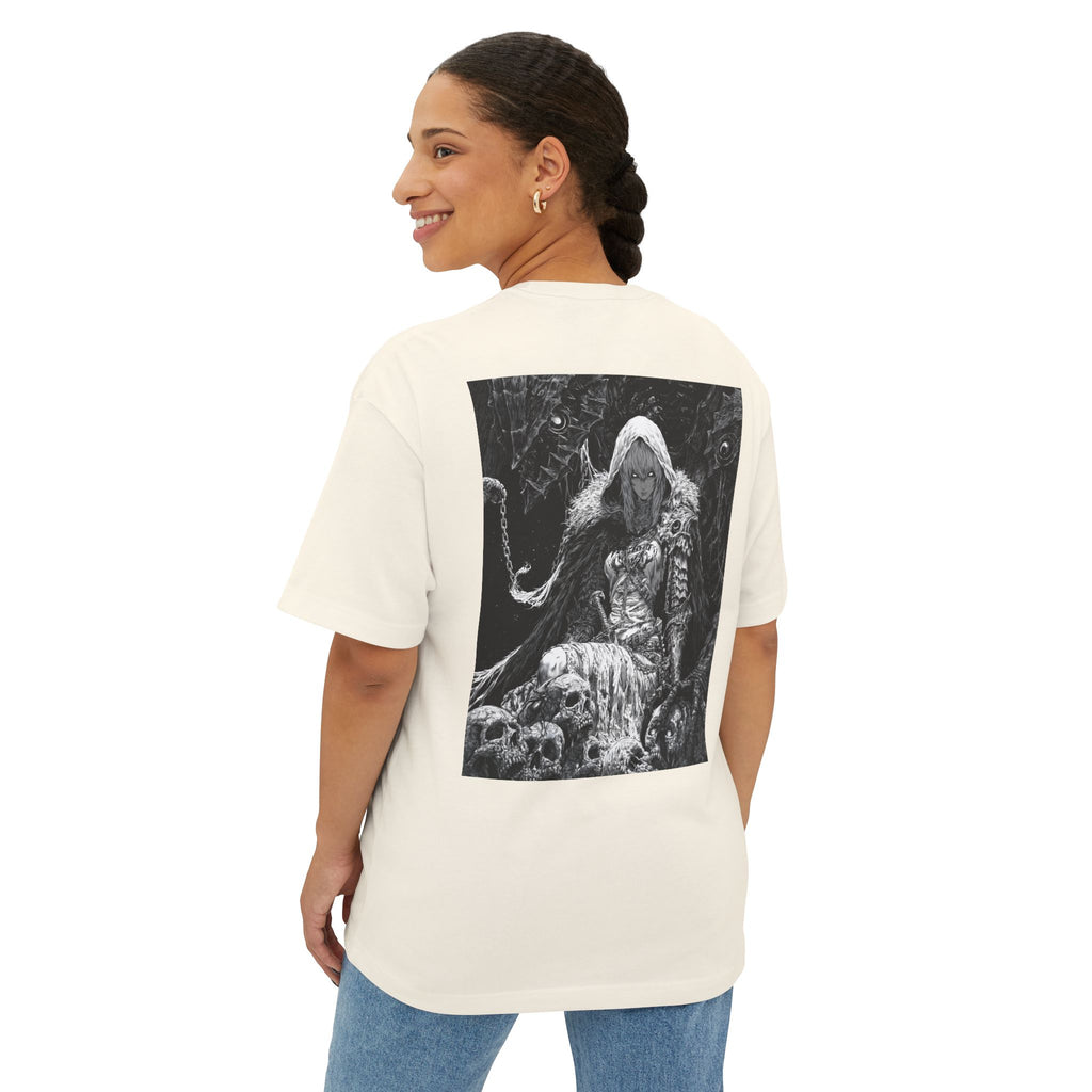 Vintage Samurai Emblem Tee — Minimal Chest & Dark Manga Back Graphic Boxy Tee