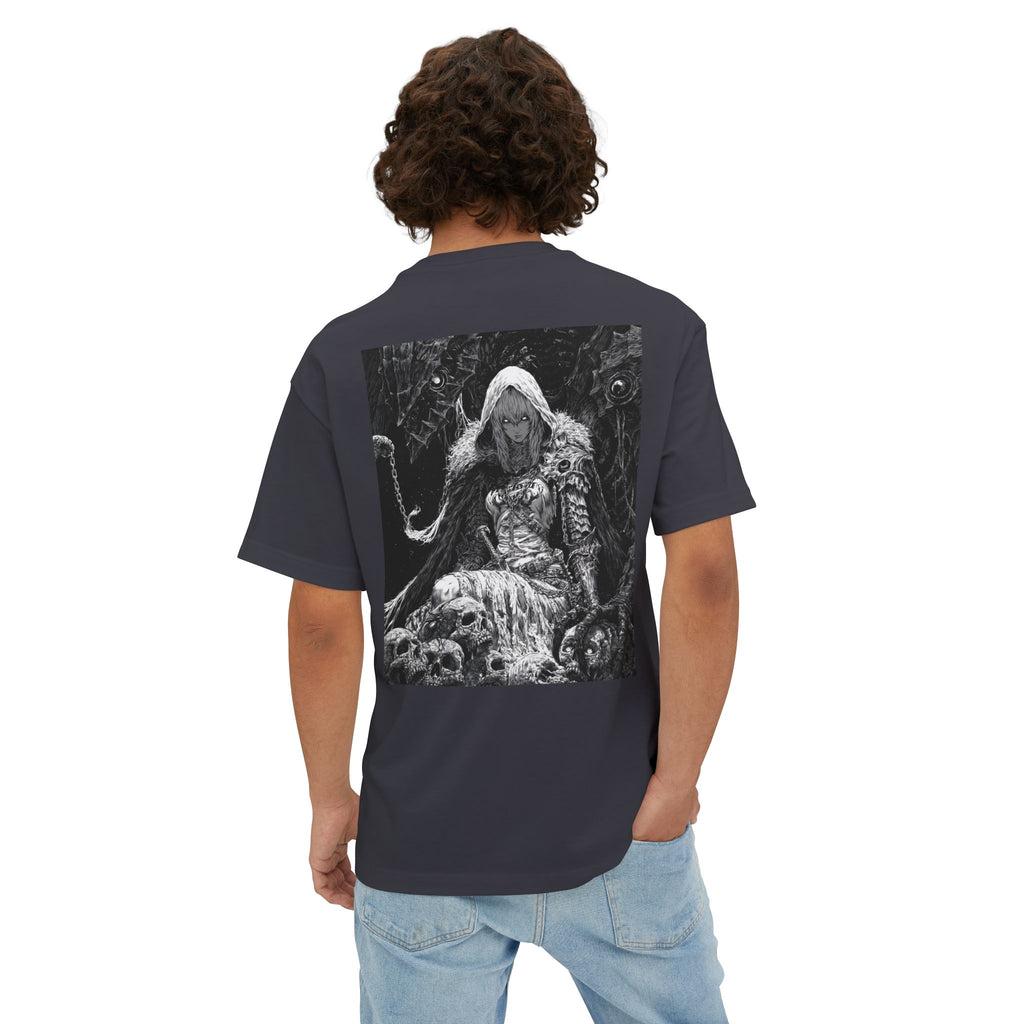 Vintage Samurai Emblem Tee — Minimal Chest & Dark Manga Back Graphic Boxy Tee