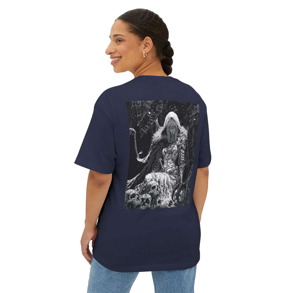 Vintage Samurai Emblem Tee — Minimal Chest & Dark Manga Back Graphic Boxy Tee