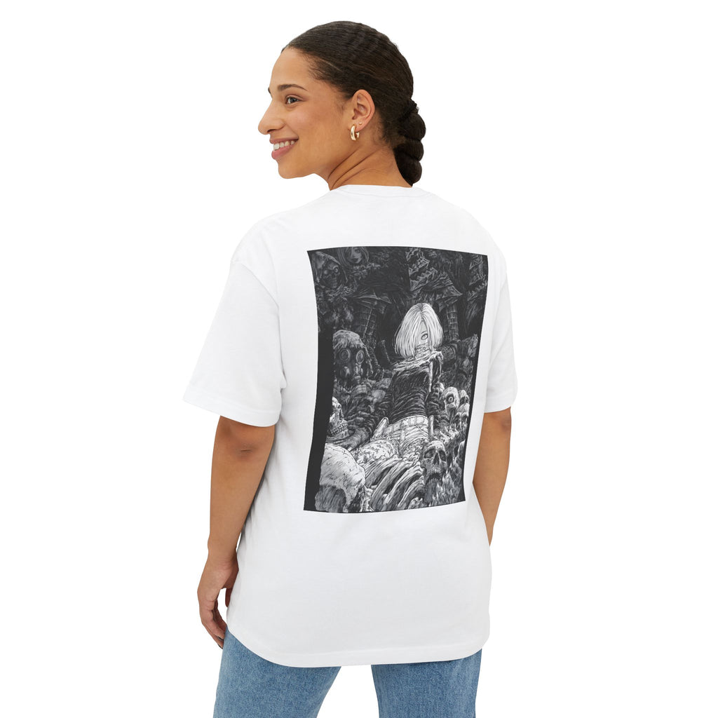 Samurai Emblem Boxy Tee — Minimal Chest Logo & Dark Magna Back Graphic