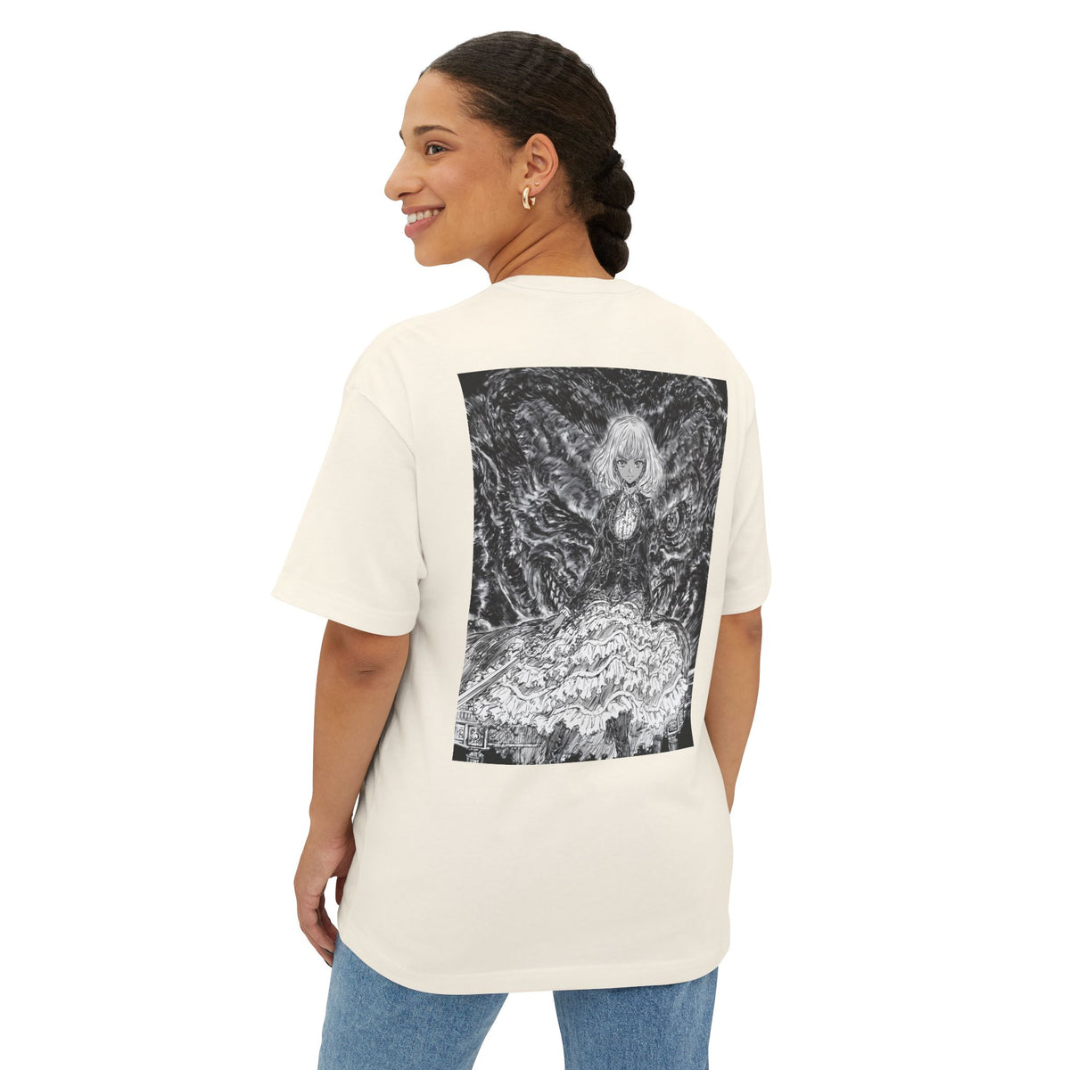 Minimal Mecha Emblem Boxy Tee — Dark Anime Back Graphic