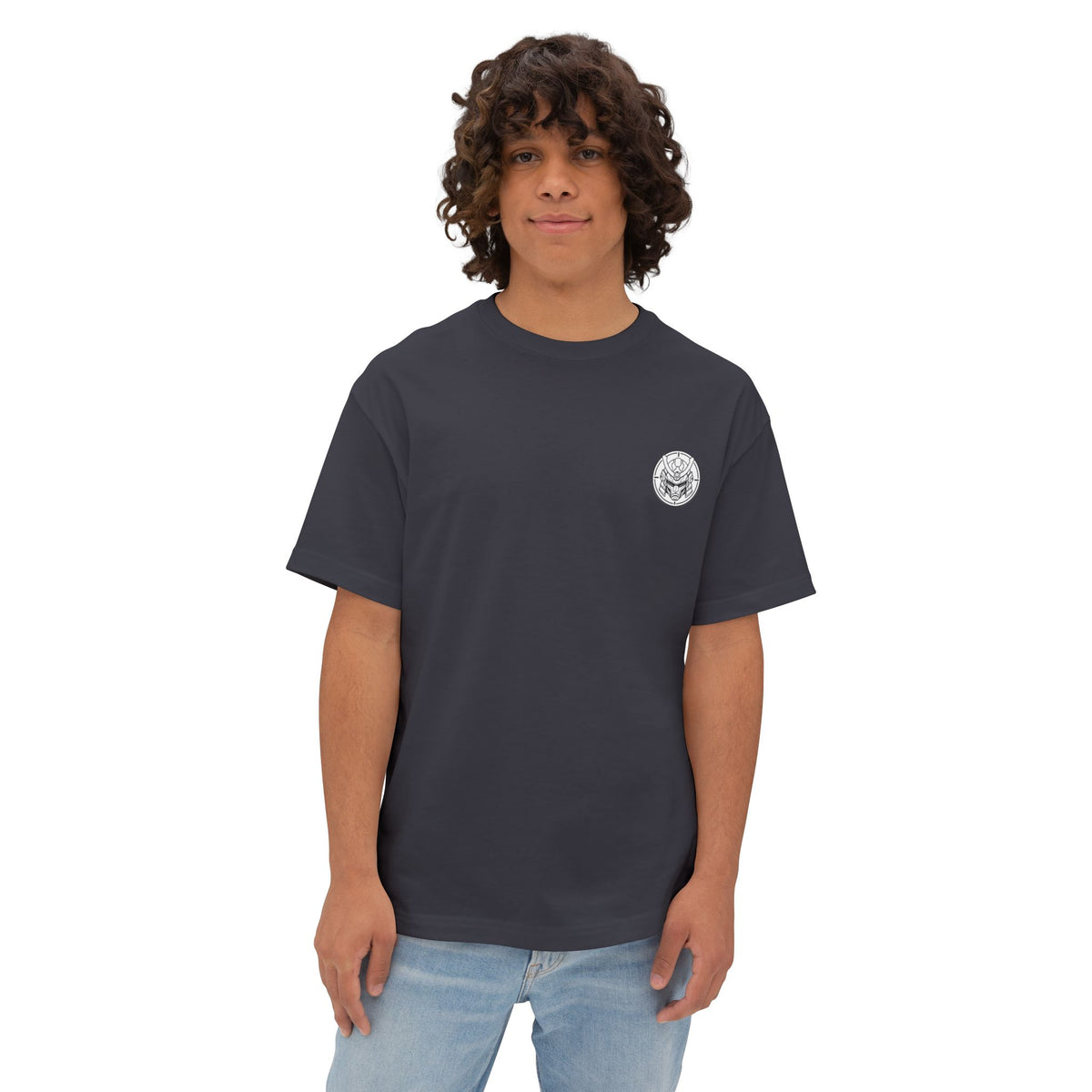Boxy Tee — Minimal Mecha Emblem Chest Graphic