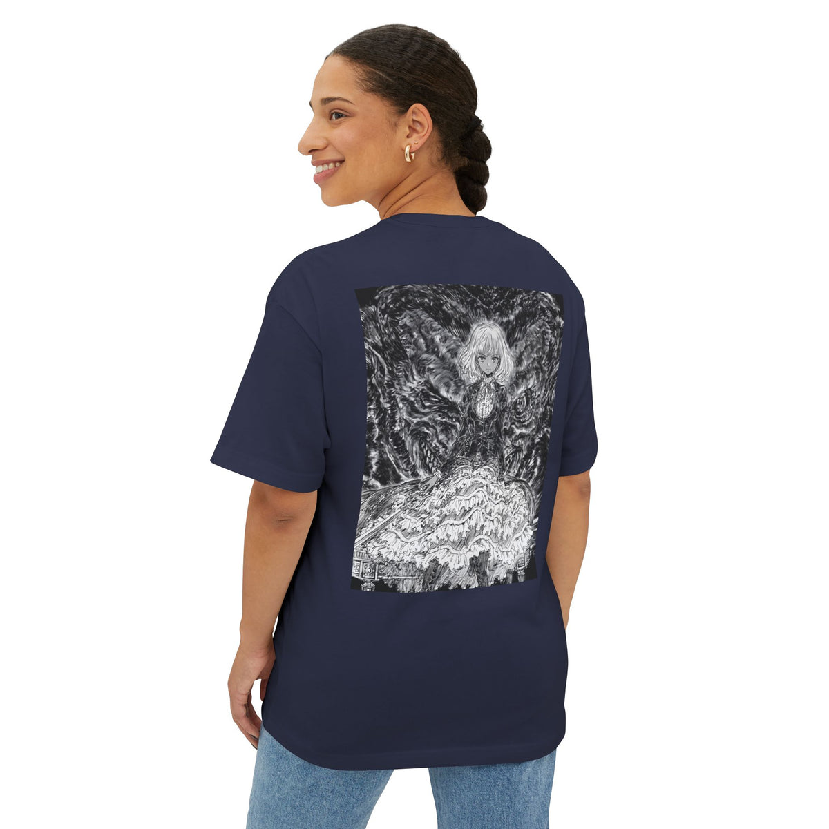 Minimal Mecha Emblem Boxy Tee — Dark Anime Back Graphic