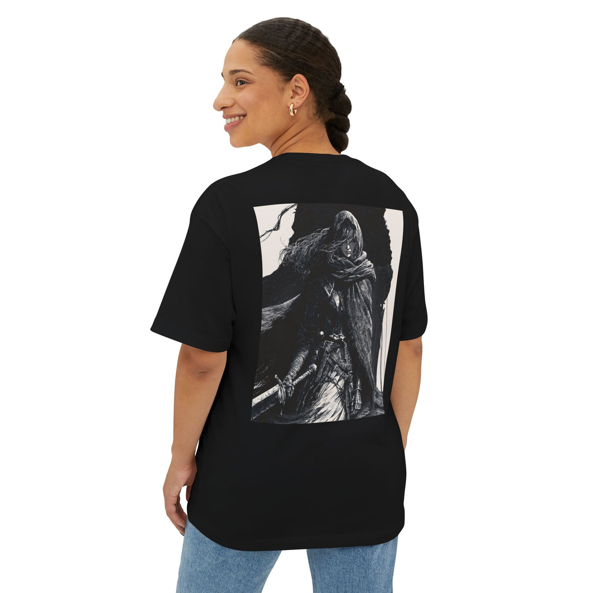 Minimal Mecha Chest Emblem Tee — Manga‑Inspired Back Graphic Oversized Tee