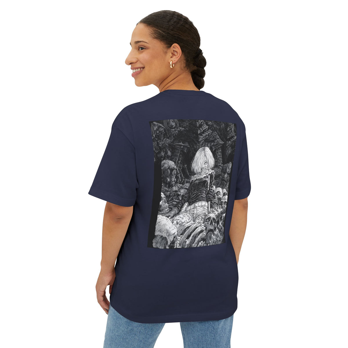 Samurai Emblem Boxy Tee — Minimal Chest Logo & Dark Magna Back Graphic