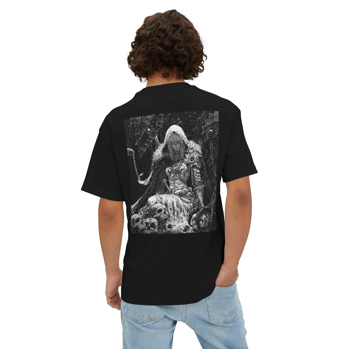 Vintage Samurai Emblem Tee — Minimal Chest & Dark Manga Back Graphic Boxy Tee