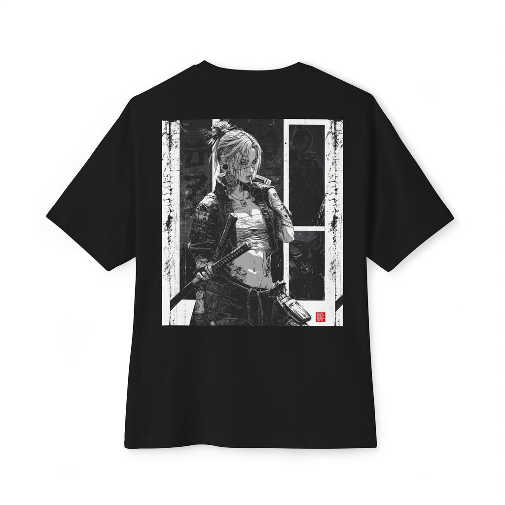 Cyberpunk Samurai Back-Graphic Tee — Female Samurai, Monochrome Comic Panel Design