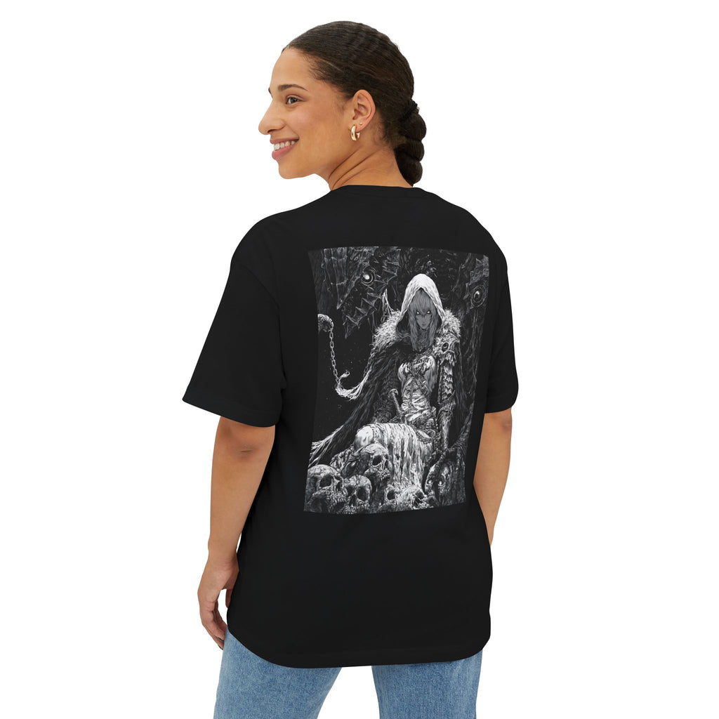 Vintage Samurai Emblem Tee — Minimal Chest & Dark Manga Back Graphic Boxy Tee