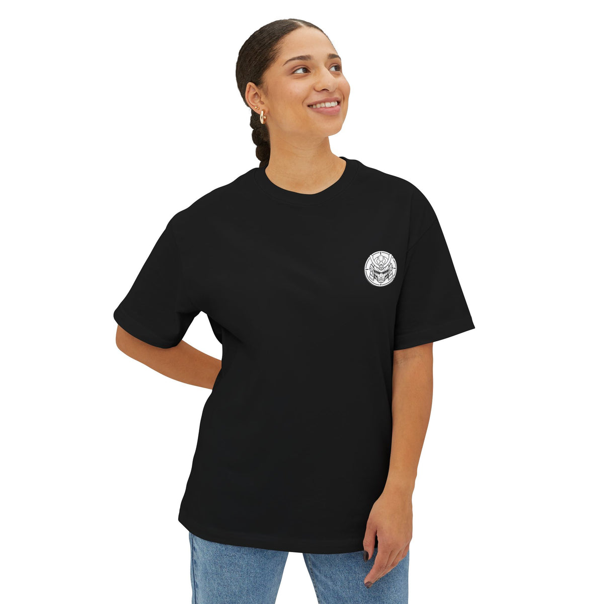 Boxy Tee — Minimal Mecha Emblem Chest Graphic