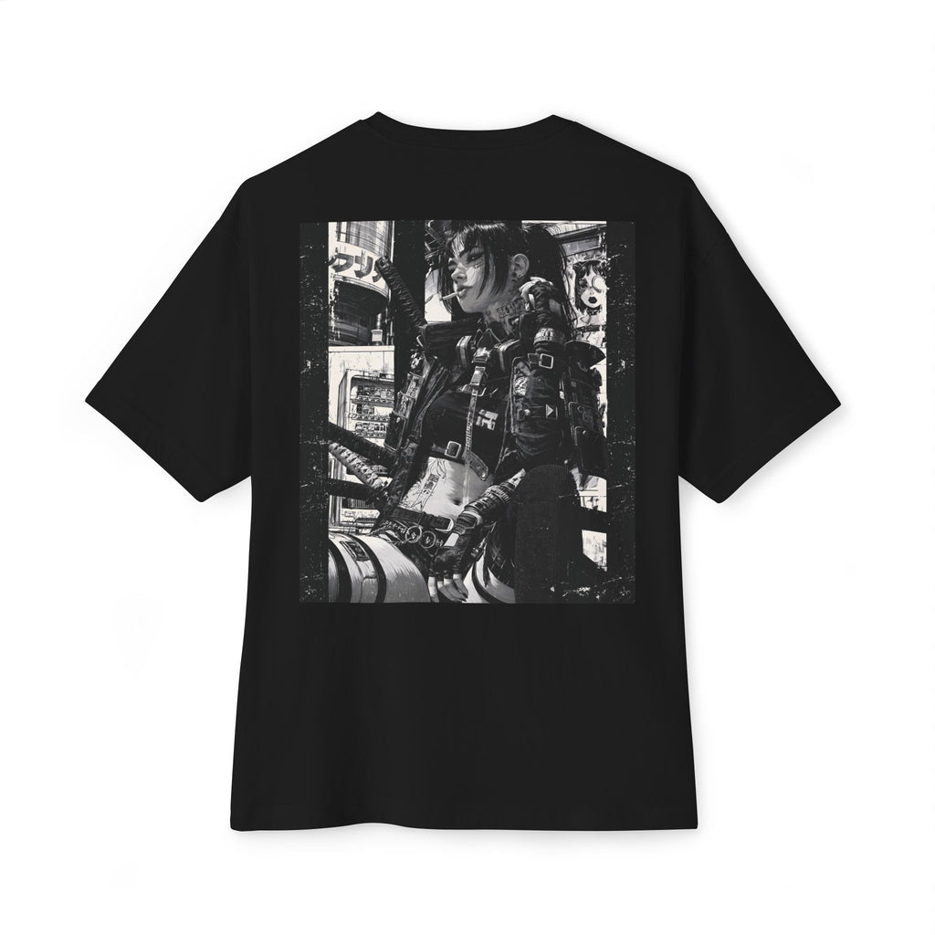 Cyberpunk Female Samurai Back-Print Tee — Monochrome Comic-Style Kama Warrior
