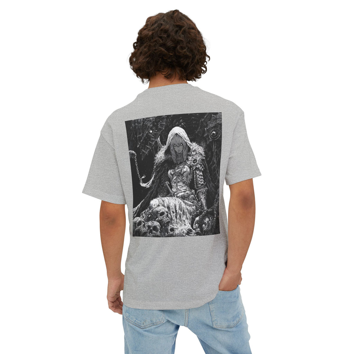 Vintage Samurai Emblem Tee — Minimal Chest & Dark Manga Back Graphic Boxy Tee