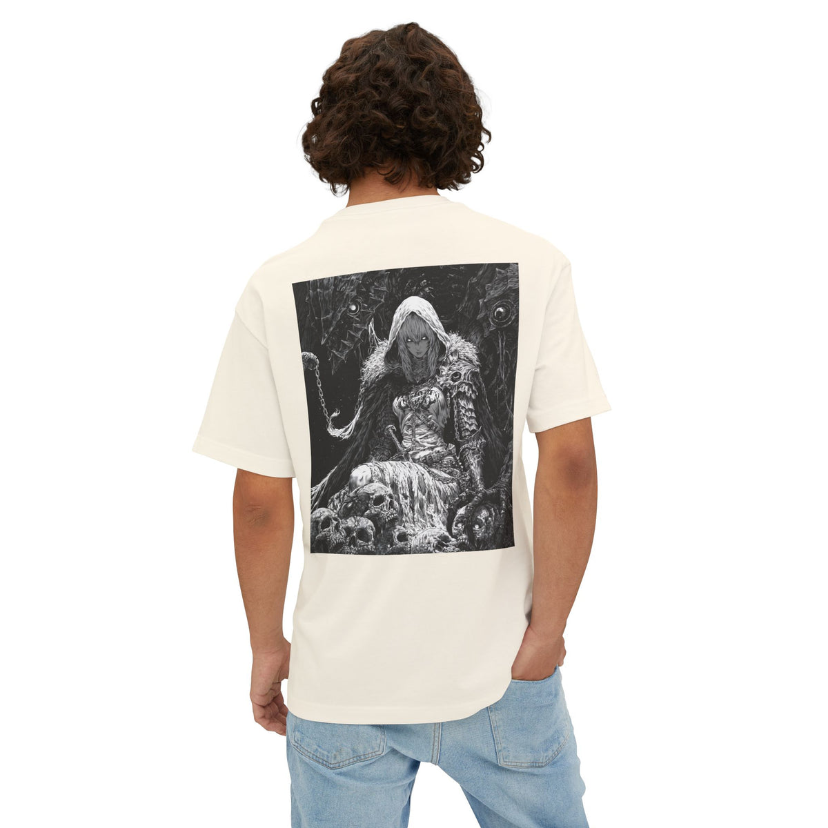 Vintage Samurai Emblem Tee — Minimal Chest & Dark Manga Back Graphic Boxy Tee