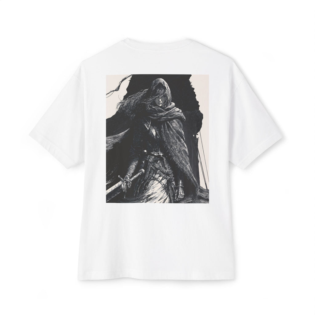 Minimal Mecha Chest Emblem Tee — Manga‑Inspired Back Graphic Oversized Tee