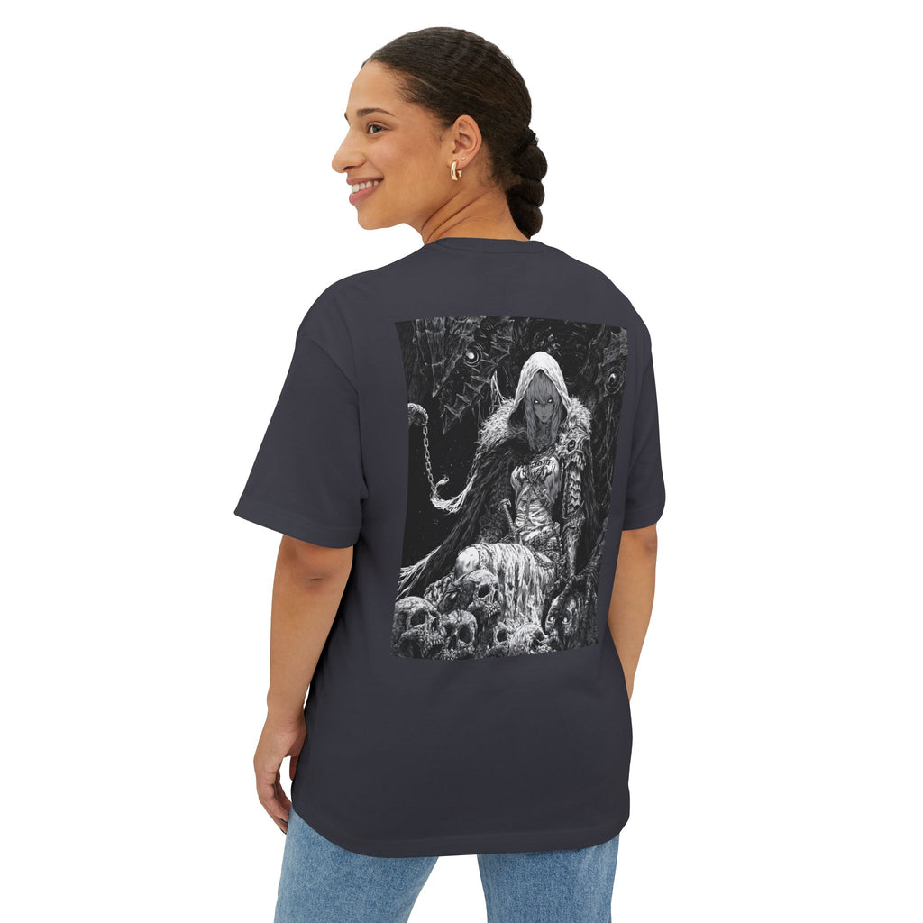 Vintage Samurai Emblem Tee — Minimal Chest & Dark Manga Back Graphic Boxy Tee