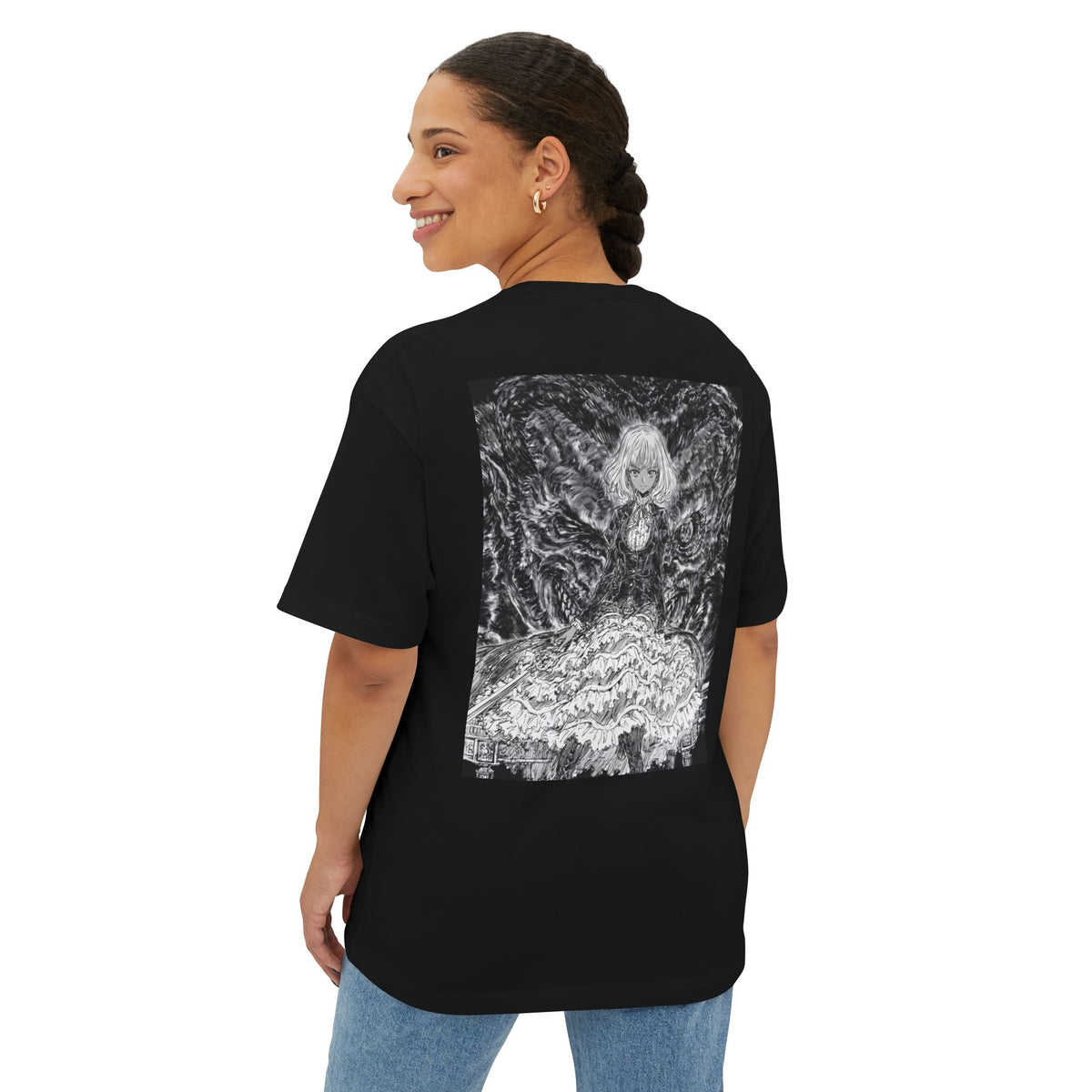 Minimal Mecha Emblem Boxy Tee — Dark Anime Back Graphic