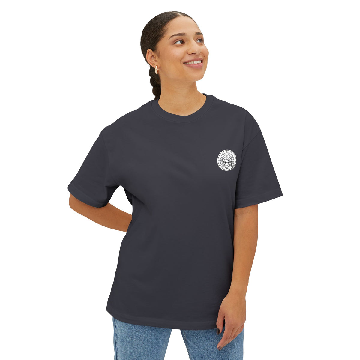 Boxy Tee — Minimal Mecha Emblem Chest Graphic
