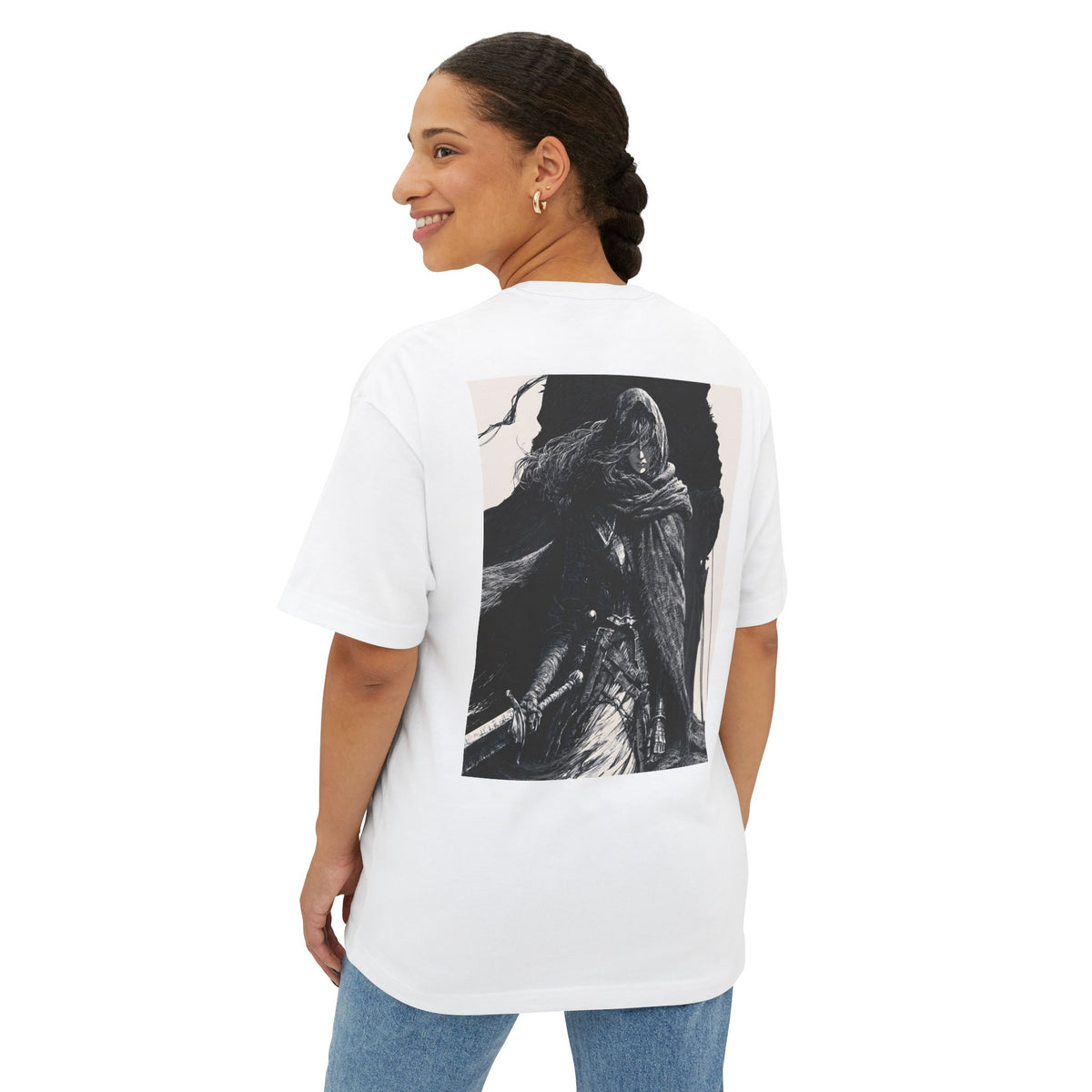 Minimal Mecha Chest Emblem Tee — Manga‑Inspired Back Graphic Oversized Tee