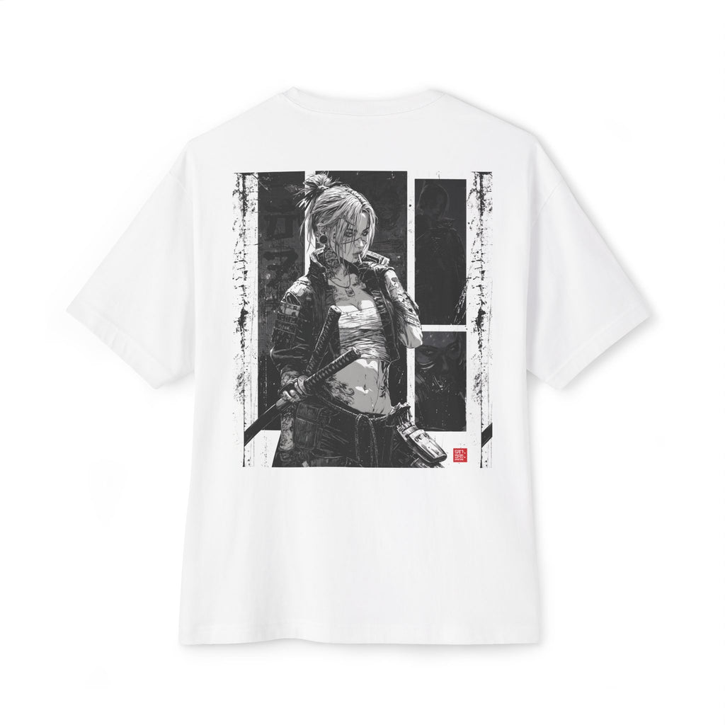Cyberpunk Samurai Back-Graphic Tee — Female Samurai, Monochrome Comic Panel Design