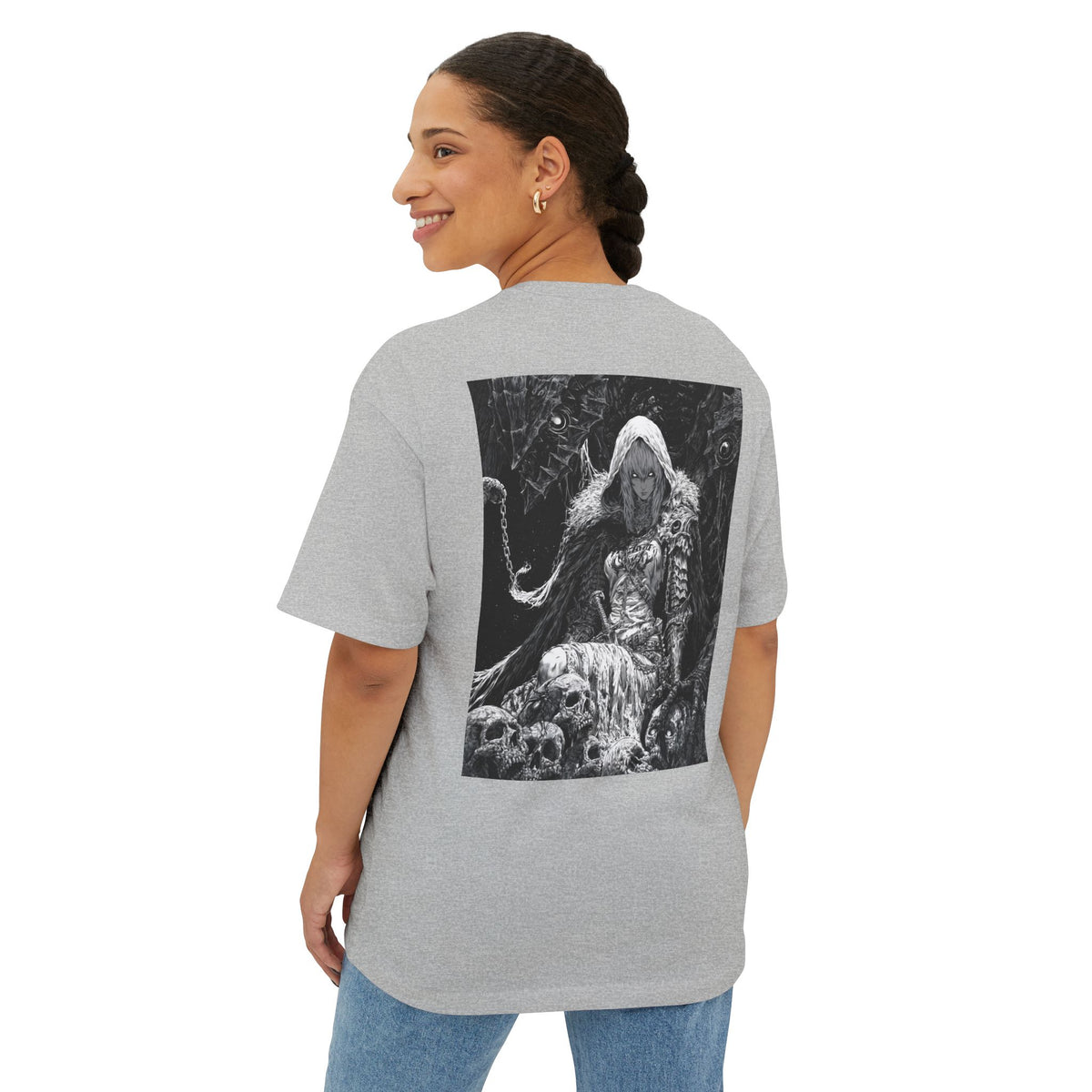 Vintage Samurai Emblem Tee — Minimal Chest & Dark Manga Back Graphic Boxy Tee