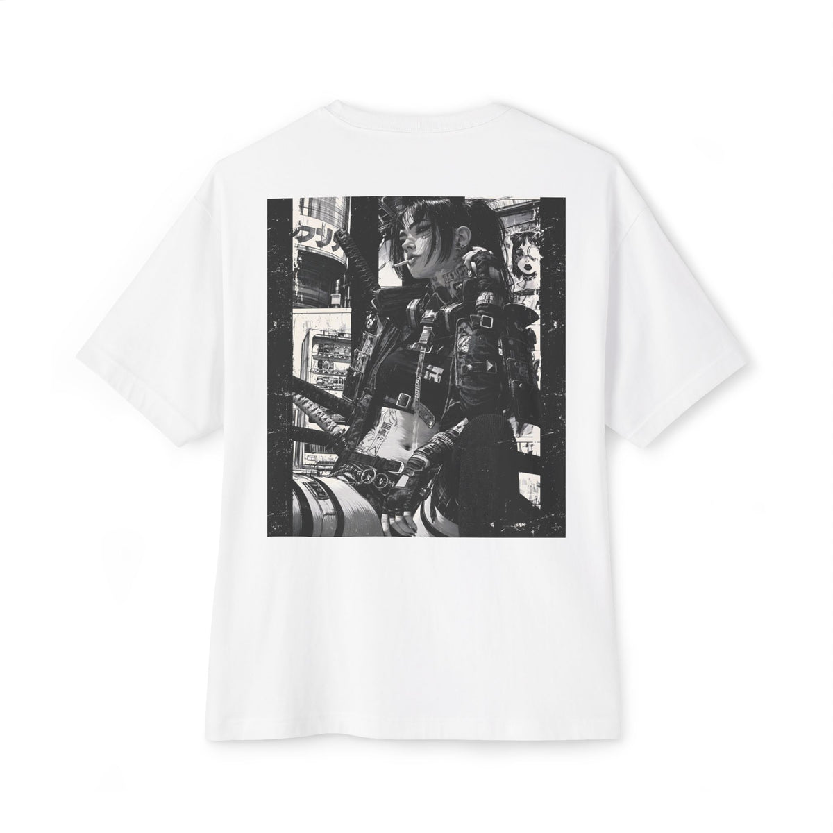 Cyberpunk Female Samurai Back-Print Tee — Monochrome Comic-Style Kama Warrior