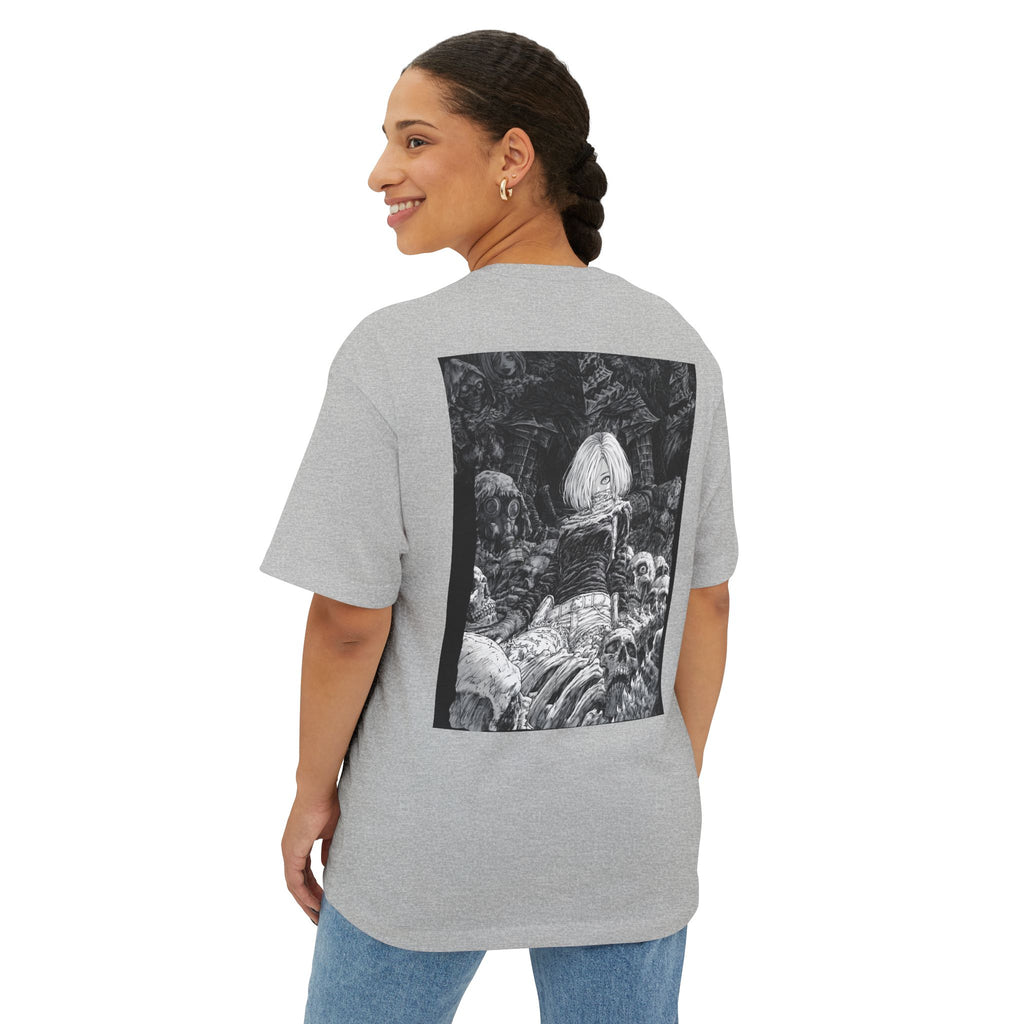 Samurai Emblem Boxy Tee — Minimal Chest Logo & Dark Magna Back Graphic
