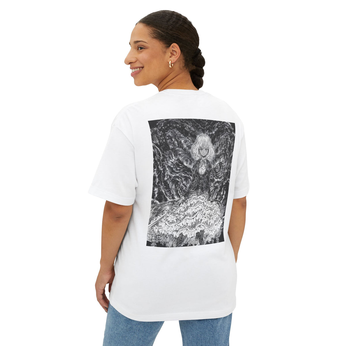 Minimal Mecha Emblem Boxy Tee — Dark Anime Back Graphic