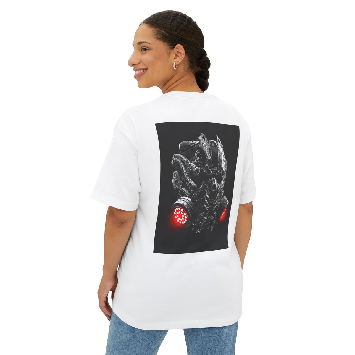 Boxy Tee — Futuristic Techwear Respirator Back Graphic (Crimson Filters)