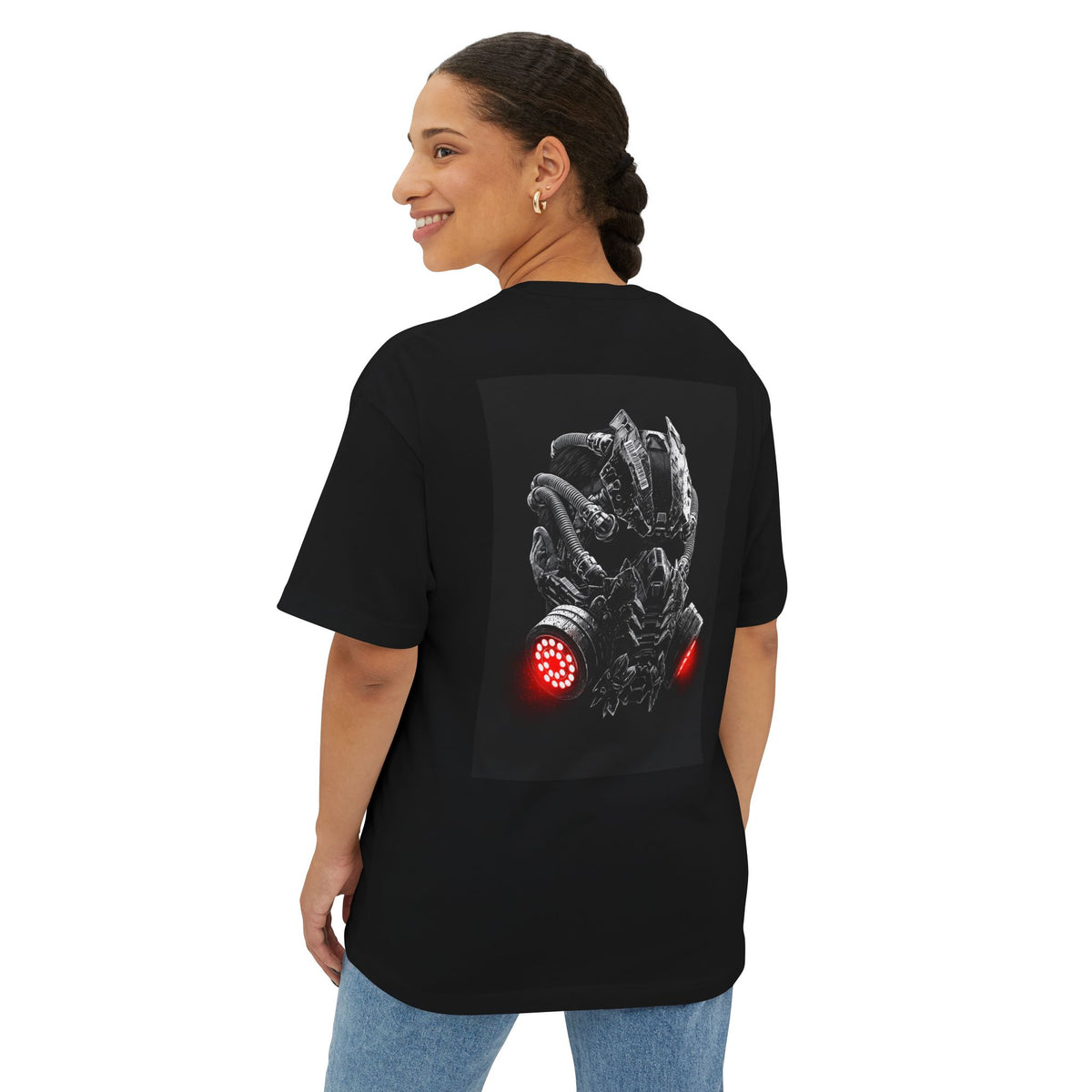 Boxy Tee — Futuristic Techwear Respirator Back Graphic (Crimson Filters)