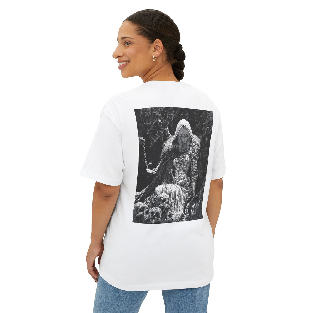 Vintage Samurai Emblem Tee — Minimal Chest & Dark Manga Back Graphic Boxy Tee