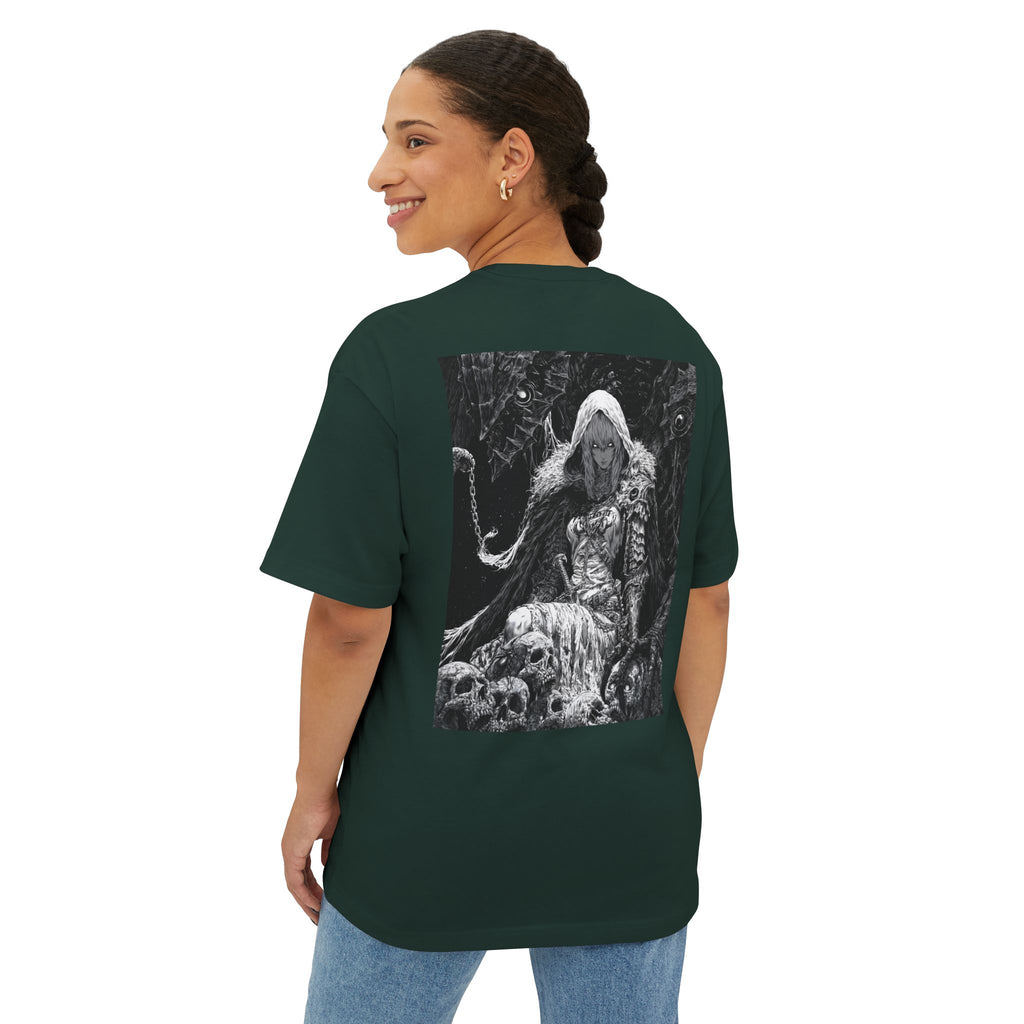 Vintage Samurai Emblem Tee — Minimal Chest & Dark Manga Back Graphic Boxy Tee