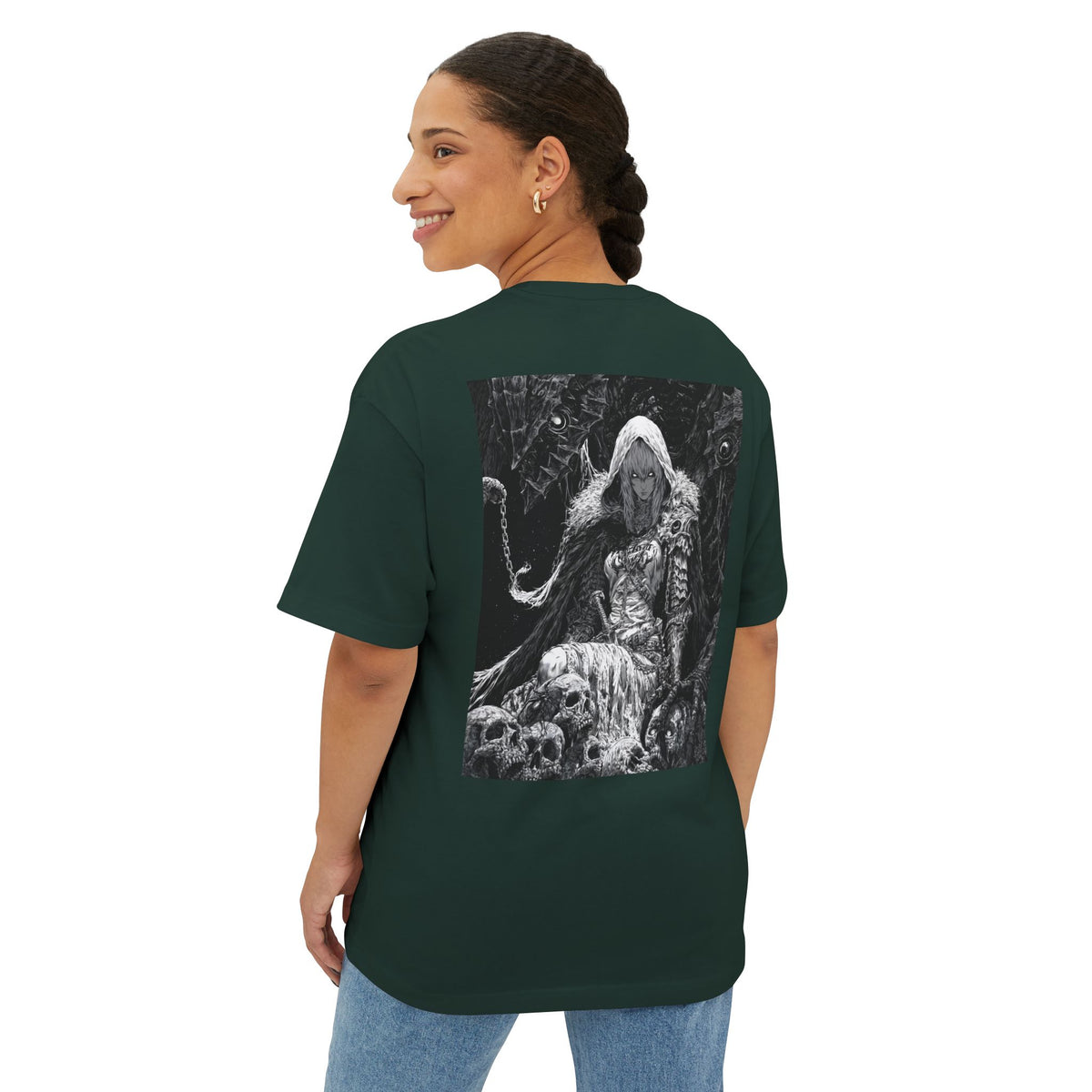 Vintage Samurai Emblem Tee — Minimal Chest & Dark Manga Back Graphic Boxy Tee