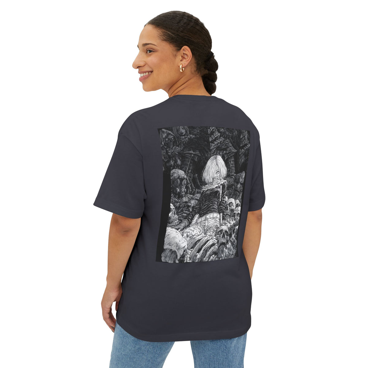 Samurai Emblem Boxy Tee — Minimal Chest Logo & Dark Magna Back Graphic